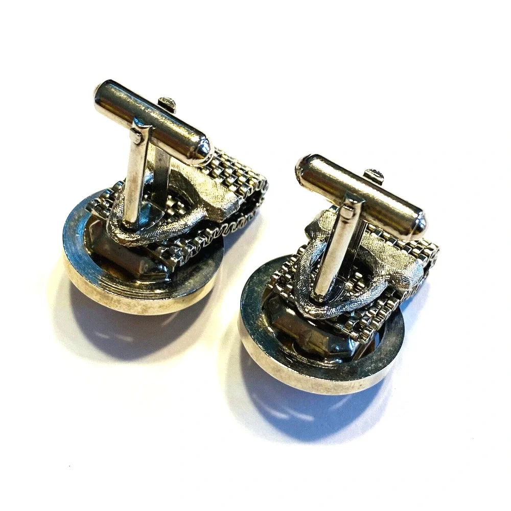Vintage Mid Century Cufflinks Chunky Silvertone Mesh Wrap Watermelon Stones